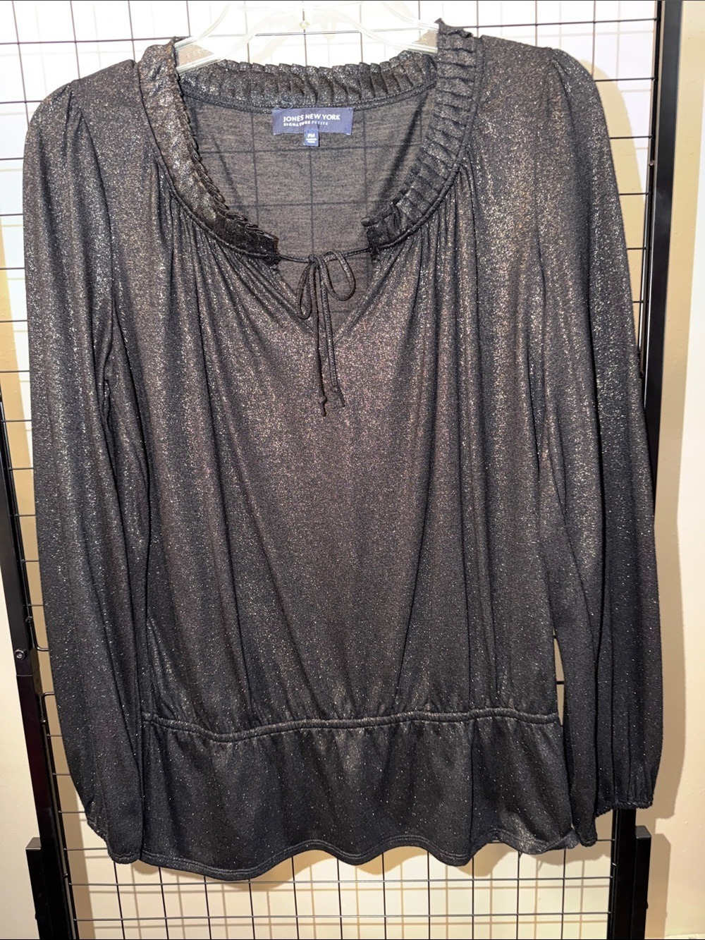 NWOT Jones New York Metallic Black Ruffled Tie-Neck Blouse